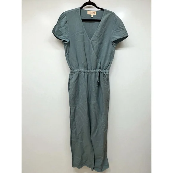 Cloth & Stone Anthropologie Linen Blend Jumpsuit Blue Wrap Short Sleeve Size M - Picture 11 of 16